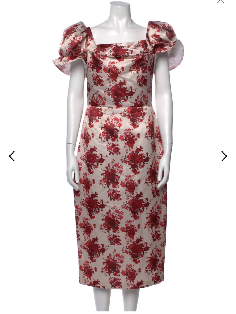 Damaris Bailey Floral Puff-Sleeve Midi Dress in Red and Cream